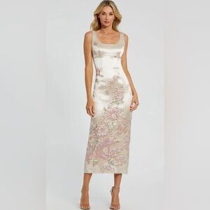 Slim Strap Scoop Neck Bustier Brocade Midi Dress - Embroidered - champagne color